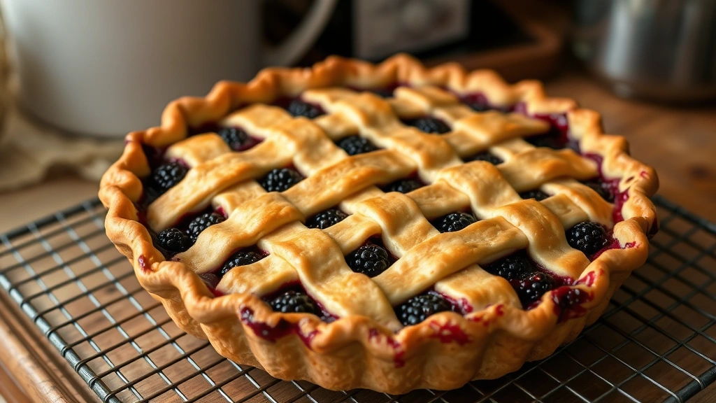 Golden-brown homemade blackberry pie cooling on a wire rack, lattice crust pattern visible, berries peeking through, steam still rising, rustic kitchen setting