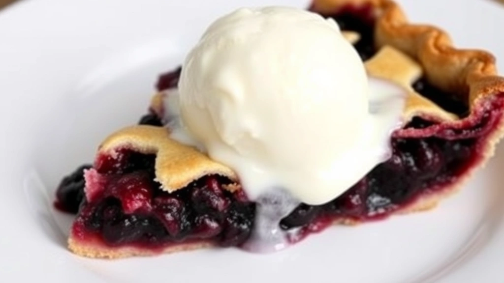 Perfectly sliced piece of blackberry pie on a white plate with vanilla ice cream melting on top, showing the thick berry filling and flaky layers of crust