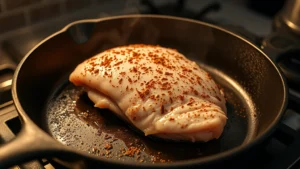 Cast iron skillet with seasoned raw chicken breast about to be placed in smoking hot pan, visible heat shimmer, dramatic kitchen lighting, close-up angle