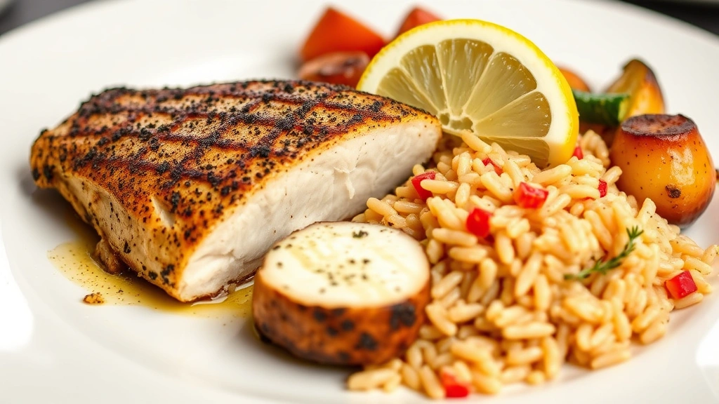 Plated blackened chicken breast sliced to show juicy interior, served with creole rice and roasted vegetables, lemon wedge garnish, restaurant-style presentation on white plate