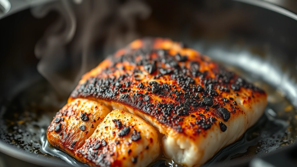 Close-up of blackened fish fillet sizzling in cast-iron skillet with visible dark spiced crust, steam rising, professional kitchen lighting, shallow depth of field focusing on charred surface texture