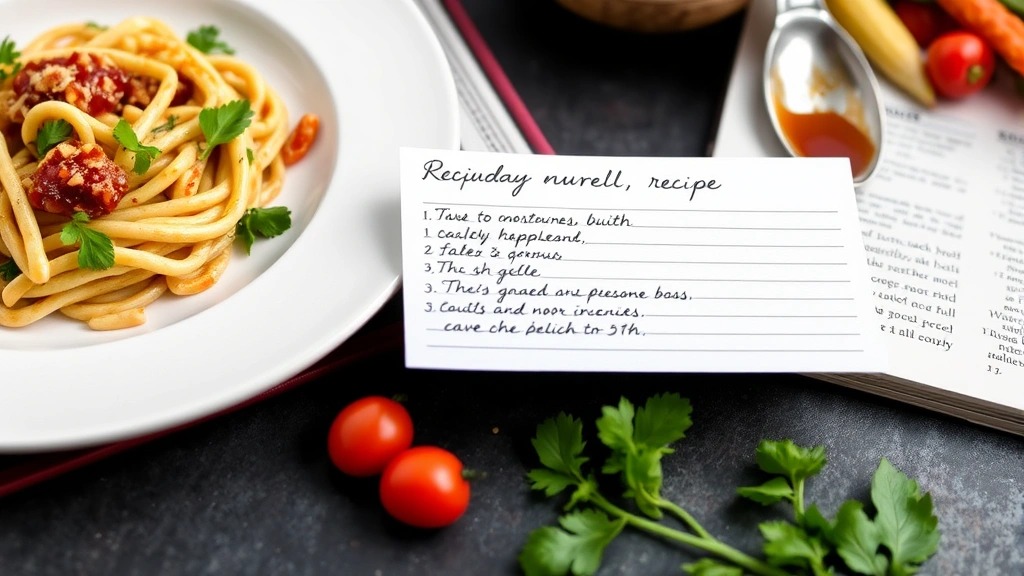 Close-up of handwritten recipe card with finished plated dish photo, spoon with sauce, and fresh ingredients arranged beside open cookbook