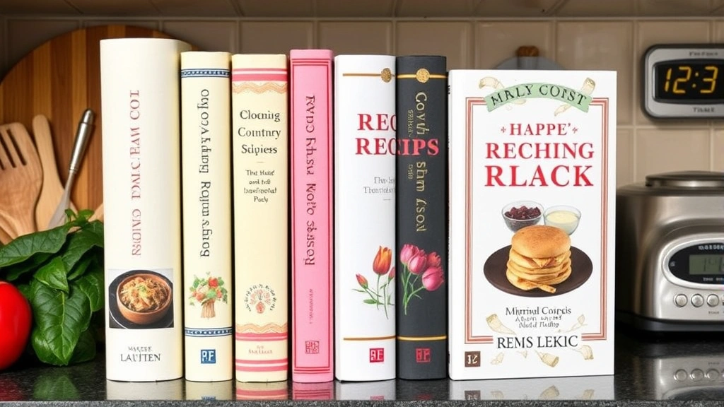 Multiple bound recipe books in different styles displayed on kitchen shelf with cooking utensils, fresh produce, and kitchen timer visible in background