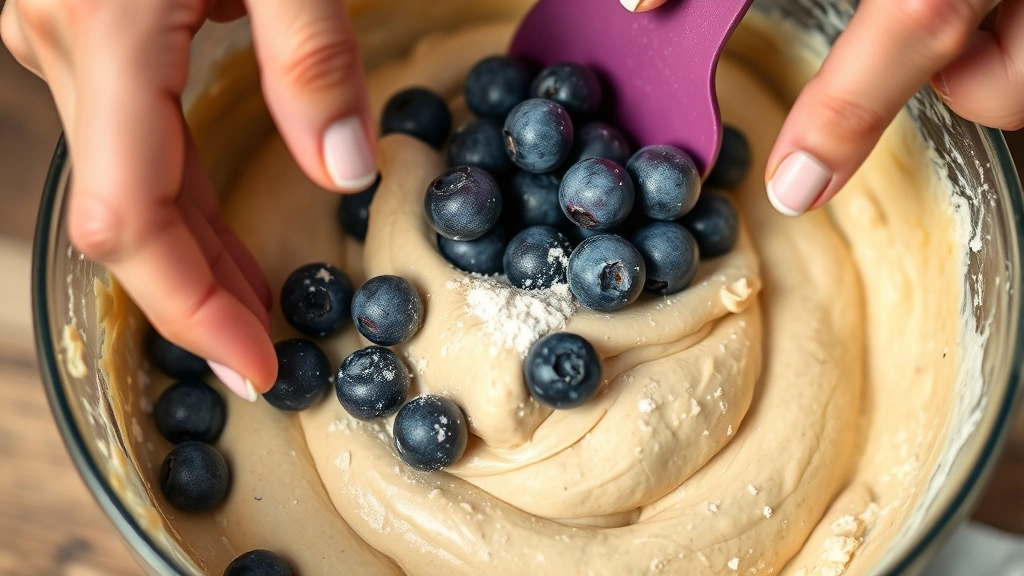 Close-up of hands folding fresh blueberries into cake batter using a rubber spatula, showing the light flour coating technique to prevent sinking, with mixing bowl and ingredients visible in soft natural light