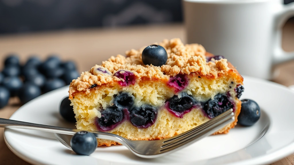 Finished slice of blueberry coffee cake on a white ceramic plate with fork, showing layers of tender cake, juicy blueberries, and crispy crumb topping, steam rising slightly, coffee cup blurred in background