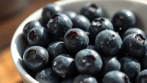 Close-up of fresh plump blueberries in a white ceramic bowl with water droplets, natural sunlight from the side, shallow depth of field