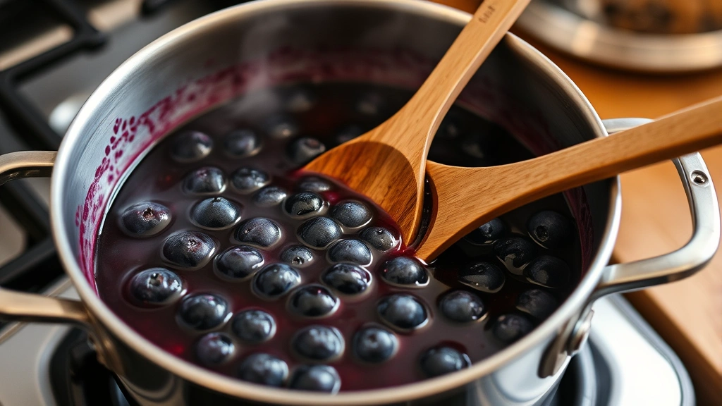 Simmering pot of blueberry compote on stovetop with wooden spoon resting in it, showing deep purple sauce with whole berries visible, steam rising, warm kitchen lighting