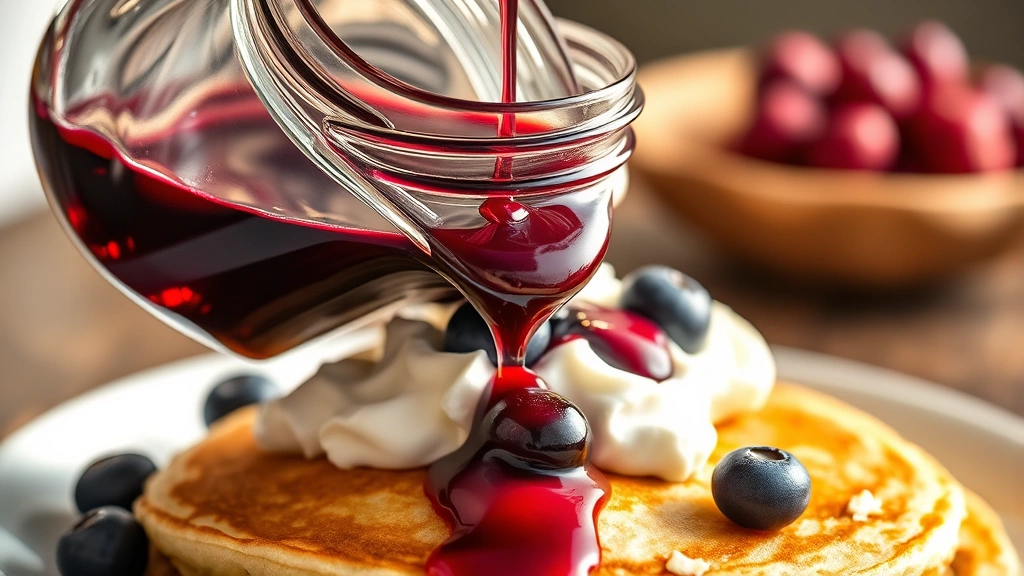 Glass jar filled with glossy, jewel-toned blueberry syrup being drizzled over fluffy pancakes and whipped cream, golden light streaming across the plate
