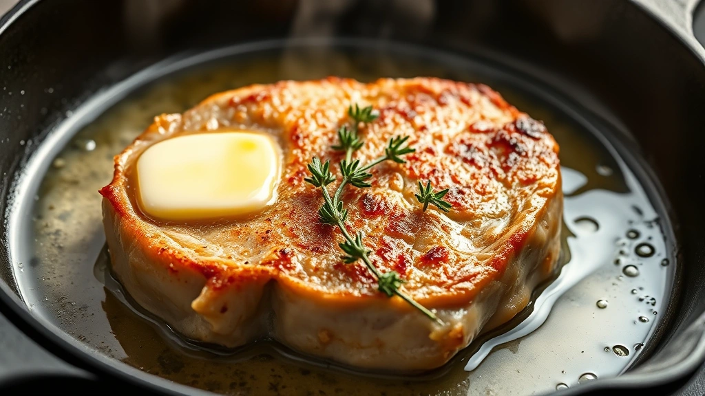 Golden-brown seared boneless pork loin chop in cast-iron skillet with melted butter, fresh thyme sprigs visible, steam rising, studio lighting