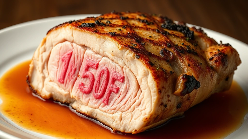 Sliced cooked pork loin chop showing perfect pink center at 145°F internal temperature, resting on white plate with pan sauce drizzled around it, professional food photography