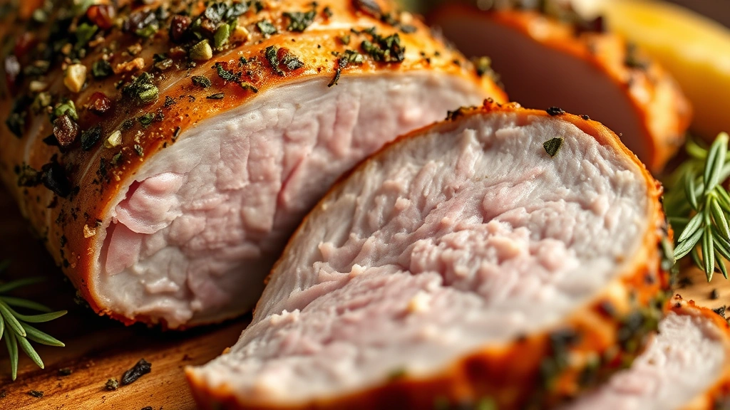 Close-up of perfectly seared boneless pork loin with golden-brown crust and herb coating, sliced to show pink juicy interior, professional food photography lighting