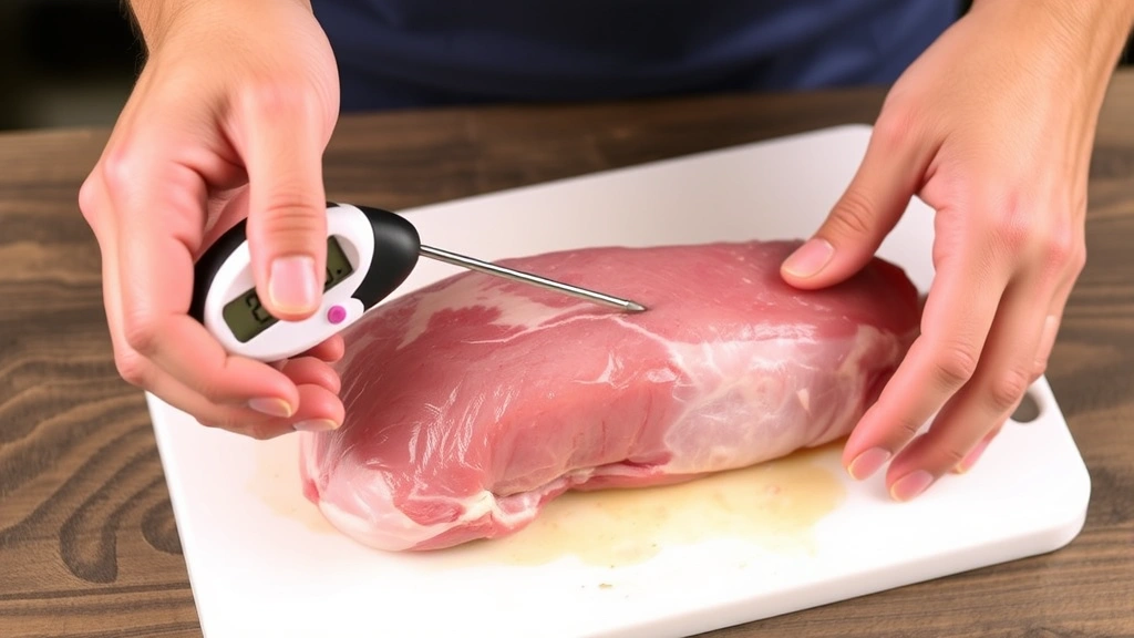 Hands holding instant-read meat thermometer inserted into center of raw boneless pork loin on white cutting board, showing temperature reading clearly visible