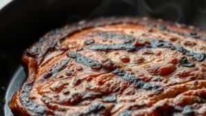 Close-up of perfectly seared boneless short ribs with golden-brown crust in a cast iron skillet, steam rising, showing marbling and texture