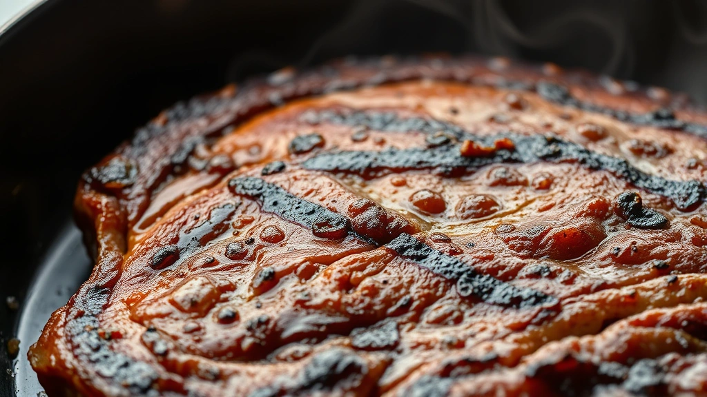 Close-up of perfectly seared boneless short ribs with golden-brown crust in a cast iron skillet, steam rising, showing marbling and texture