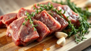 Raw boneless short ribs arranged on wooden cutting board with fresh thyme sprigs and garlic cloves, professional food photography lighting, shallow depth of field