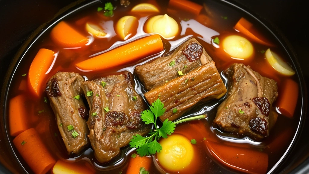 Braising pot with tender boneless short ribs submerged in rich, dark glossy braising liquid with carrots, onions, and fresh herbs visible, Dutch oven in oven