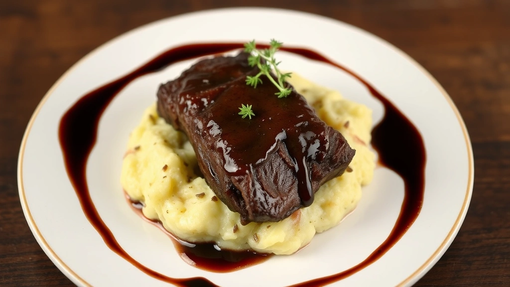 Plated boneless short rib on creamy mashed potatoes with rich dark sauce drizzled around plate, fresh thyme garnish, restaurant-style presentation