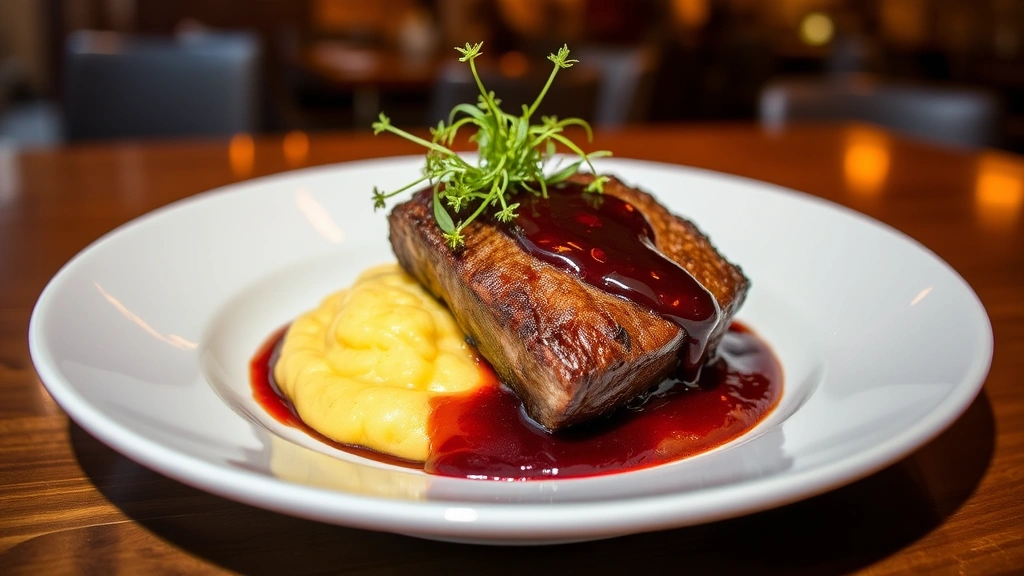 Plated braised boneless short rib on creamy polenta, topped with glossy red wine reduction sauce, garnished with fresh thyme microgreens, warm ambient restaurant lighting