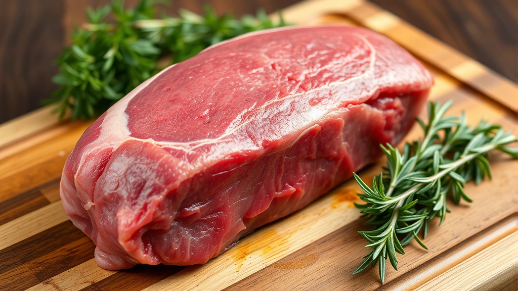 Close-up of raw bottom round roast with fat cap on wooden cutting board, showing deep red color and texture, next to fresh thyme and rosemary sprigs
