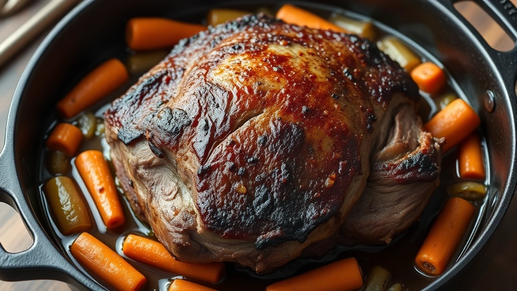 Sizzling bottom round roast in cast-iron Dutch oven with rich brown crust, surrounded by caramelized onions, carrots, and celery in red wine braising liquid