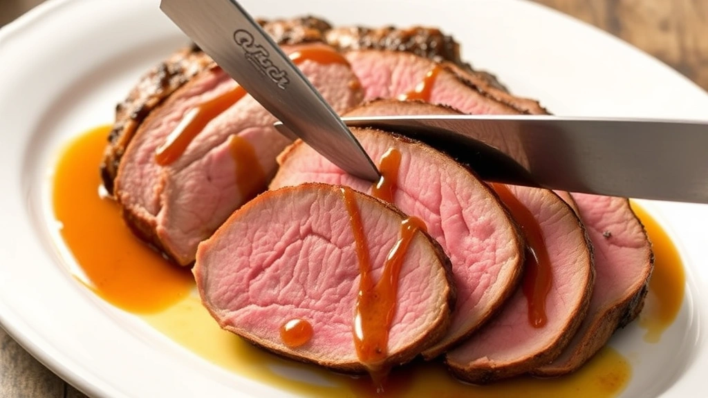 Perfectly sliced bottom round roast on white platter showing juicy pink interior with knife cutting perpendicular to meat fibers, pan sauce drizzled over slices