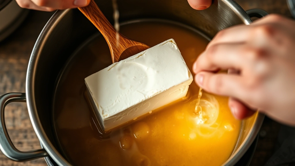 Hands stirring melting Boursin cheese block in stainless steel pot with wooden spoon, pasta water being poured in, warm golden lighting showing sauce forming