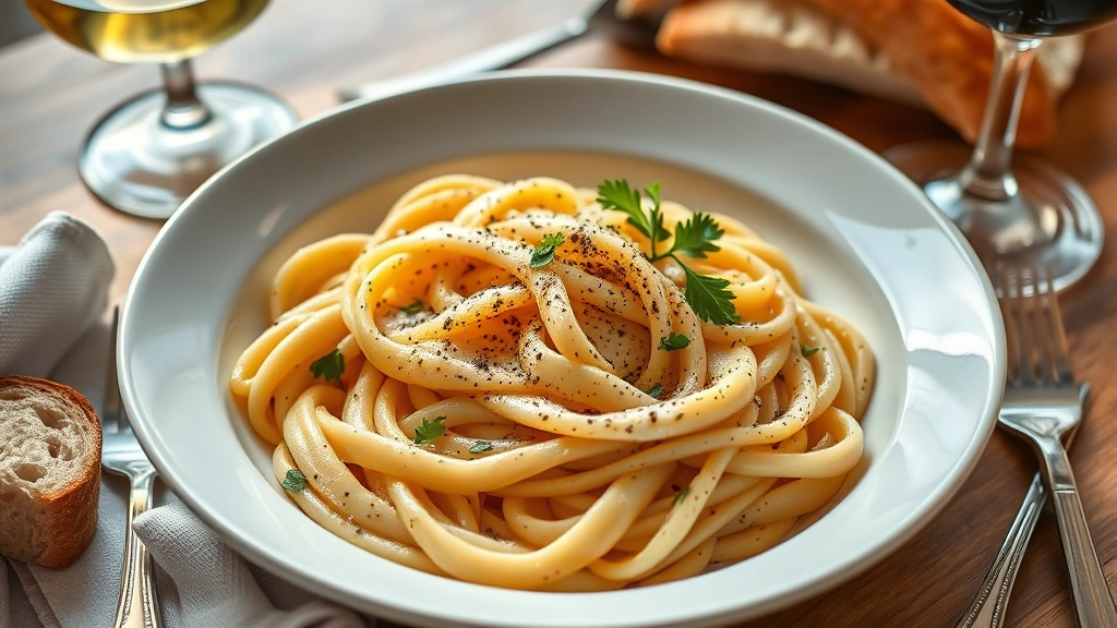 Finished creamy Boursin pasta dish plated in white ceramic bowl, garnished with cracked black pepper and fresh parsley, crusty bread and wine glass beside it, warm natural light