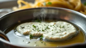 Close-up of creamy herb-infused Boursin cheese melting into warm olive oil in a stainless steel pan, with fresh pasta strands visible in soft focus background, steam rising gently