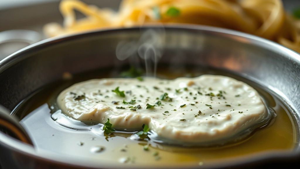 Close-up of creamy herb-infused Boursin cheese melting into warm olive oil in a stainless steel pan, with fresh pasta strands visible in soft focus background, steam rising gently