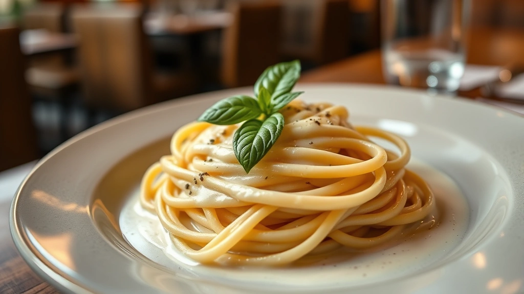 Wide shot of perfectly plated fettuccine pasta coated in silky Boursin sauce, garnished with fresh cracked black pepper and single basil leaf, on warm ceramic plate with soft restaurant lighting