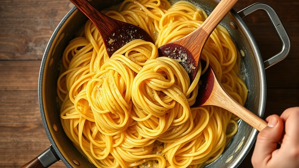 Overhead view of chef tossing hot pasta with Boursin sauce using wooden spoons in large skillet, showing sauce coating pasta strands evenly, pasta water creating creamy emulsion visible