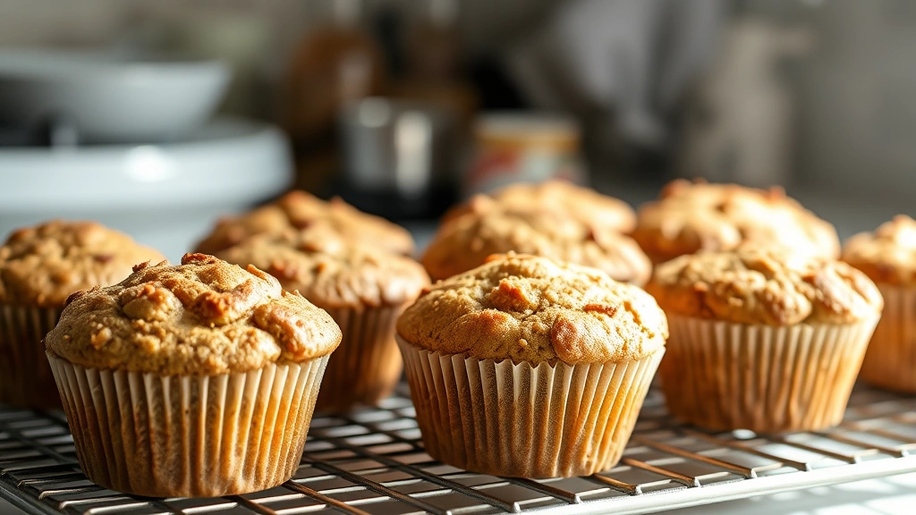 Golden-brown bran muffins fresh from oven with visible texture and cinnamon-spiced crumb, arranged on cooling rack with steam rising, natural kitchen lighting