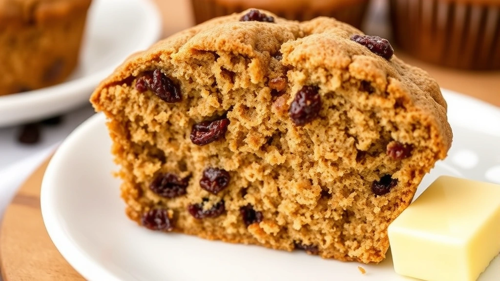 Close-up cross-section of a split bran muffin showing moist tender crumb, raisins scattered throughout, warm spice color, on white plate with butter nearby