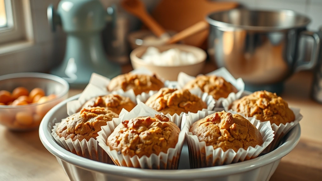 Vintage kitchen scene with dozen bran muffins in paper liners arranged in white ceramic bowl, vintage mixing bowls with ingredients blurred in background, warm natural light