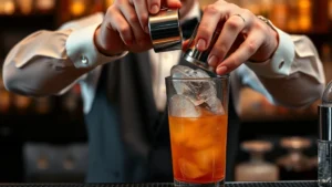 Close-up of a professional bartender shaking a cocktail in a Boston shaker with ice, mid-shake motion, focused on technique and concentration, bar setting