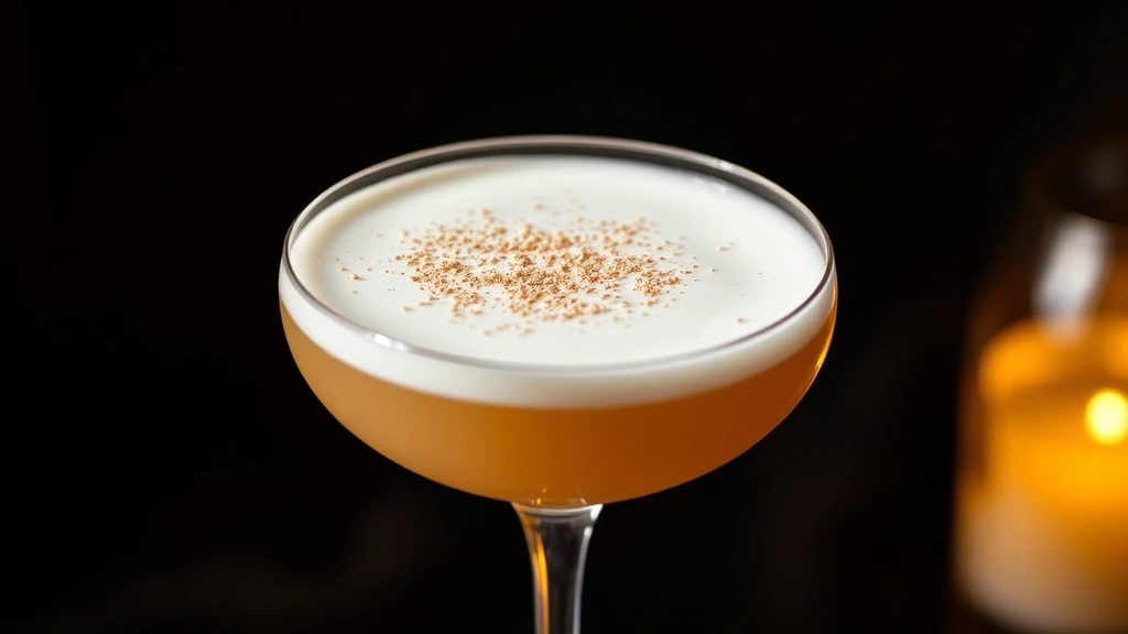 Finished Brandy Alexander cocktail in a chilled coupe glass with delicate nutmeg garnish dusted on foam head, soft warm lighting, elegant presentation against dark background