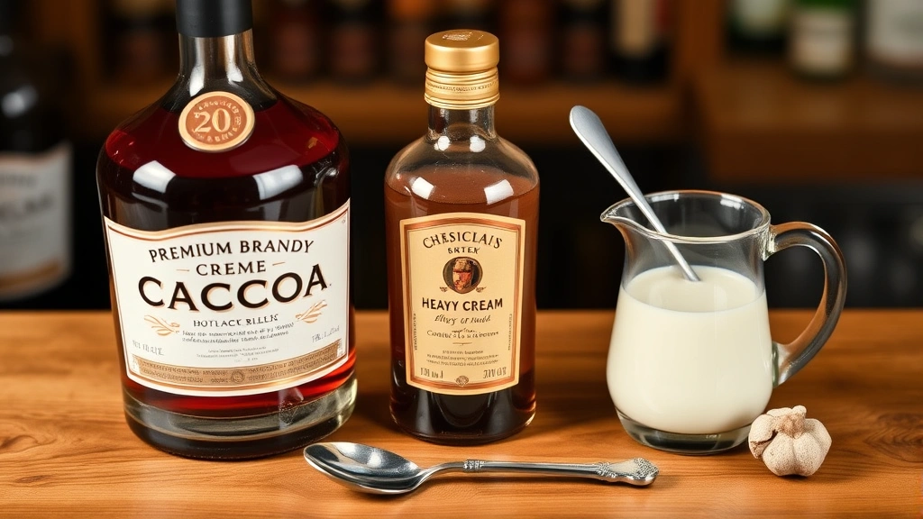 Flat lay arrangement of premium brandy bottle, crème de cacao bottle, fresh heavy cream in glass pitcher, jigger, bar spoon, and whole nutmeg on wooden bar surface