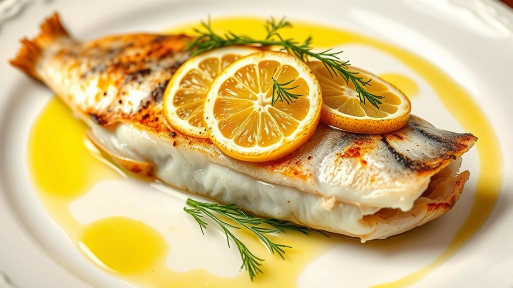 Freshly cooked branzino fillet with crispy golden skin, topped with lemon slices and fresh dill sprigs, resting on white ceramic plate with olive oil drizzle