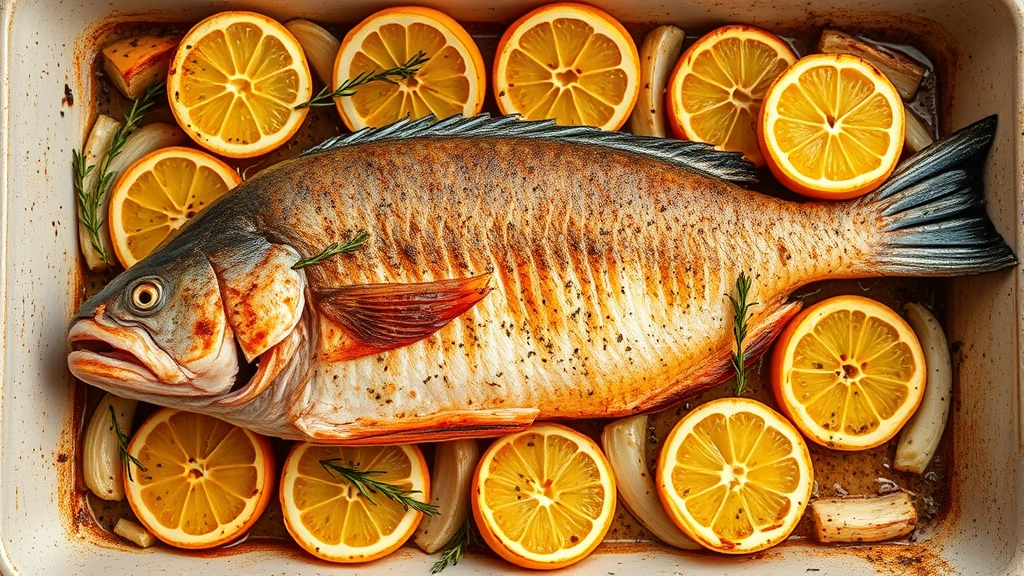 Whole roasted branzino in shallow baking dish surrounded by roasted lemon wedges, fresh thyme, and fennel pieces, golden brown skin glistening