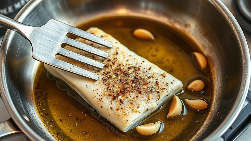 Pan-seared branzino fillet being gently flipped with metal fish spatula in stainless steel skillet with shimmering olive oil and garlic cloves visible