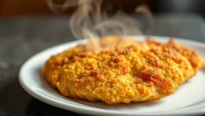 Golden-brown crispy breaded chicken cutlet on white plate, steam rising, perfectly cooked exterior with visible texture, professional food photography, shallow depth of field