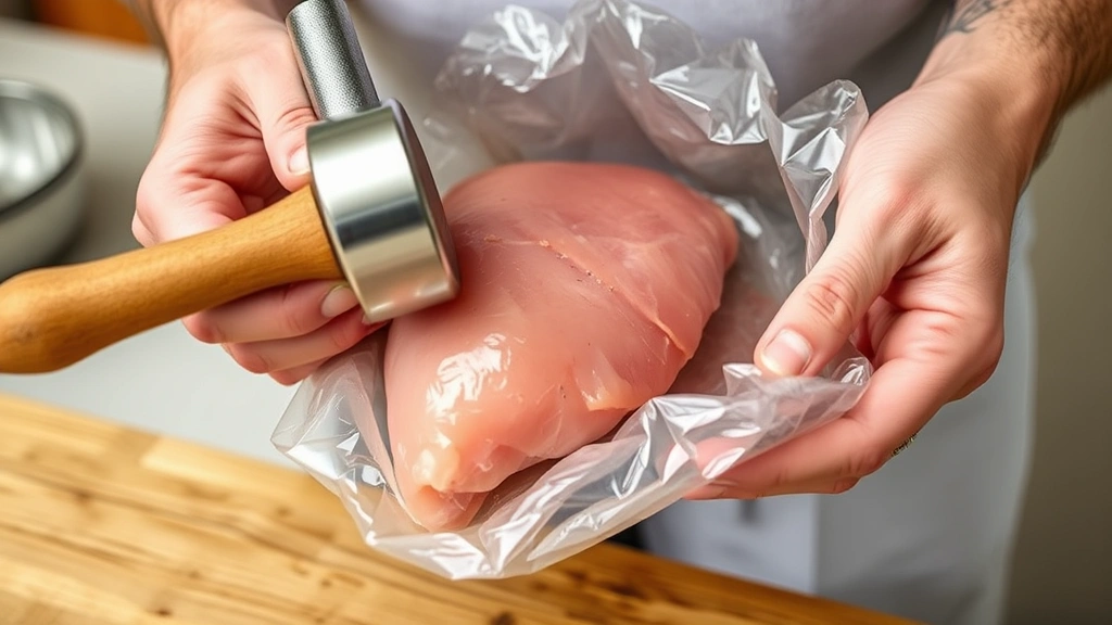 Hands demonstrating meat mallet pounding chicken breast between plastic wrap, raw chicken visible, clear technique demonstration, natural kitchen lighting, close-up perspective