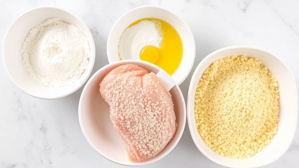 Three shallow white bowls arranged in breading station with flour, beaten eggs, and panko breadcrumbs, uncooked chicken breast being coated, organized prep area, overhead view