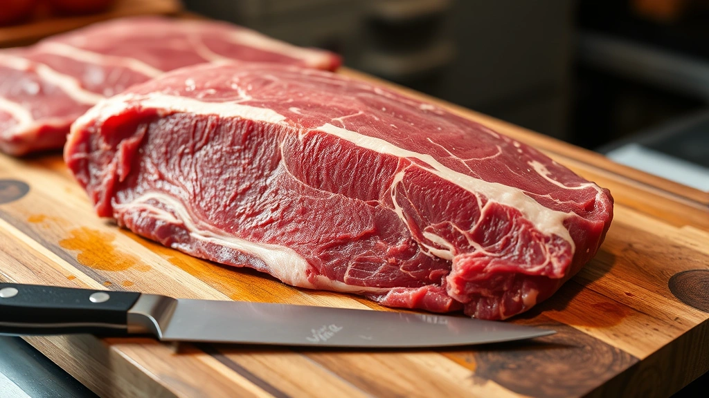 Raw brisket packer cut with visible marbling and fat cap on wooden cutting board, sharp knife beside it, butcher shop lighting