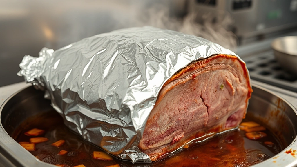 Wrapped brisket in heavy aluminum foil with pan drippings visible, steam rising, professional kitchen setting with stainless steel surfaces