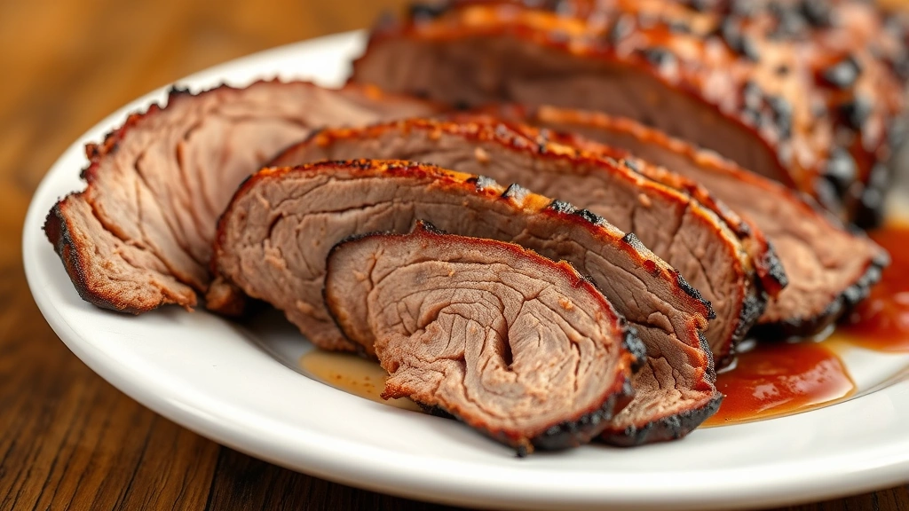 Perfectly sliced brisket showing smoke ring and tender meat texture, slices arranged on white plate with pan sauce, professional food photography