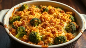 Golden-brown baked broccoli casserole in ceramic baking dish with crispy panko topping and melted cheese bubbling at edges, fresh steam rising, professional food photography lighting