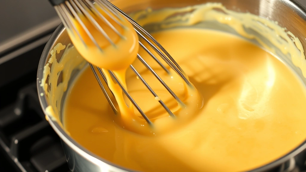Close-up of smooth, creamy cheese sauce being whisked in stainless steel saucepan, showing rich golden-yellow sauce coating whisk, bright kitchen lighting, in-progress cooking shot