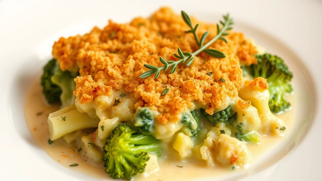 Finished broccoli casserole plated on white dinner plate with golden-brown topping, green broccoli florets visible through creamy sauce, garnished with fresh thyme sprig, warm overhead lighting