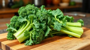 Fresh broccoli rabe bunch with vibrant green florets and tender stems on rustic wooden cutting board, water droplets still glistening, Italian kitchen background